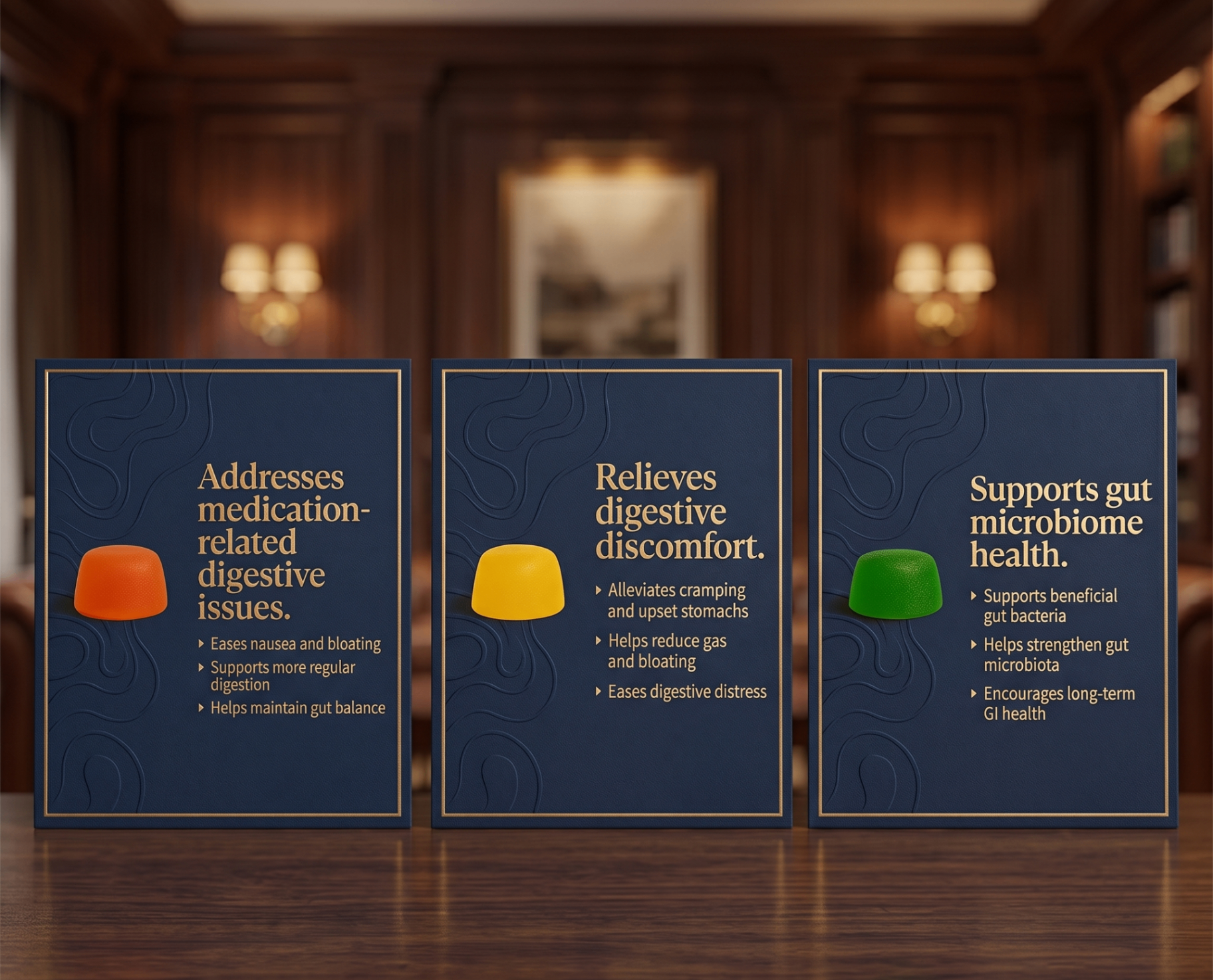 Three GutReset gummies — orange for medication support, yellow for digestive comfort, green for microbiome health